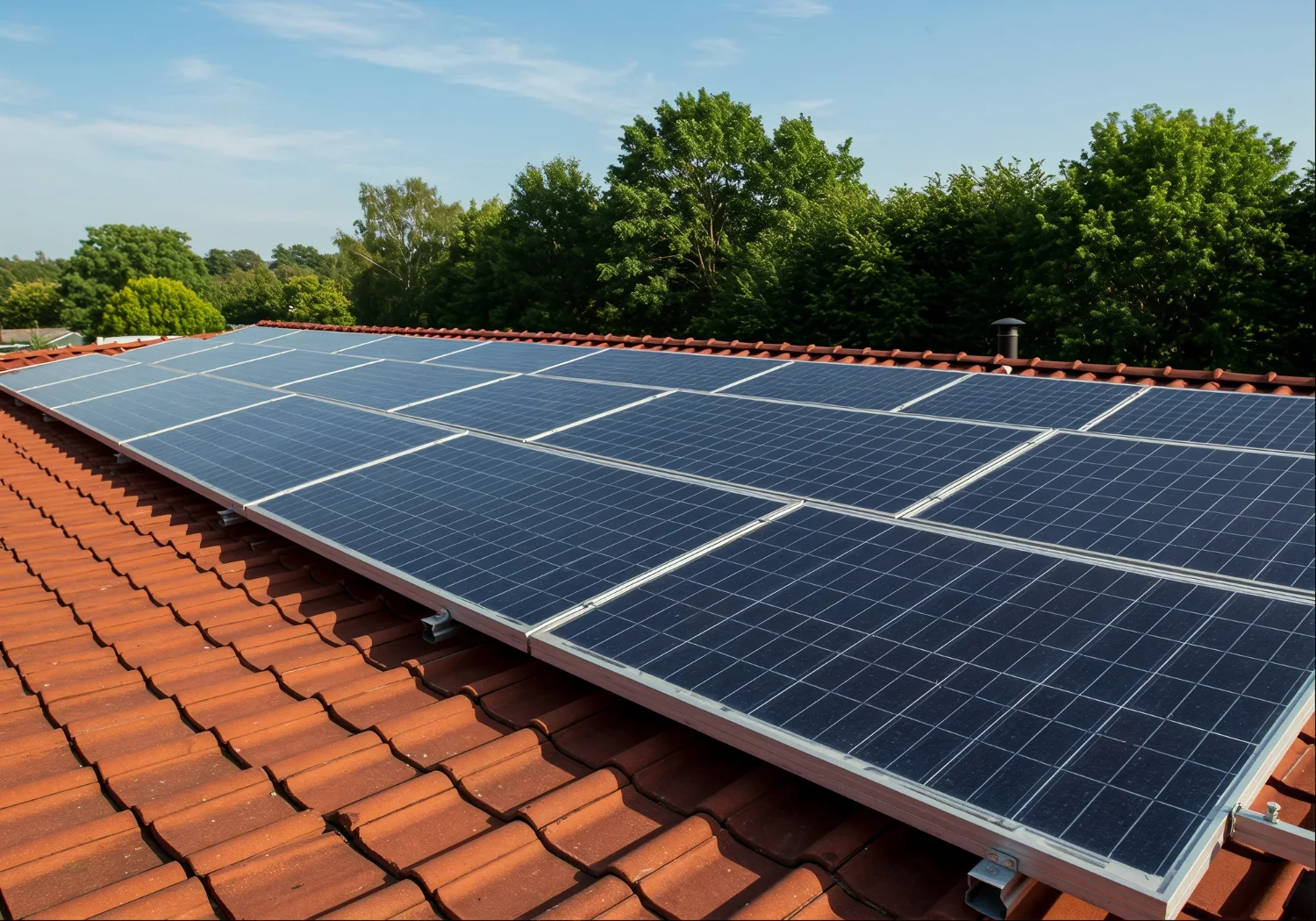 Módulos fotovoltaicos instalados em telhado cerâmico residencial